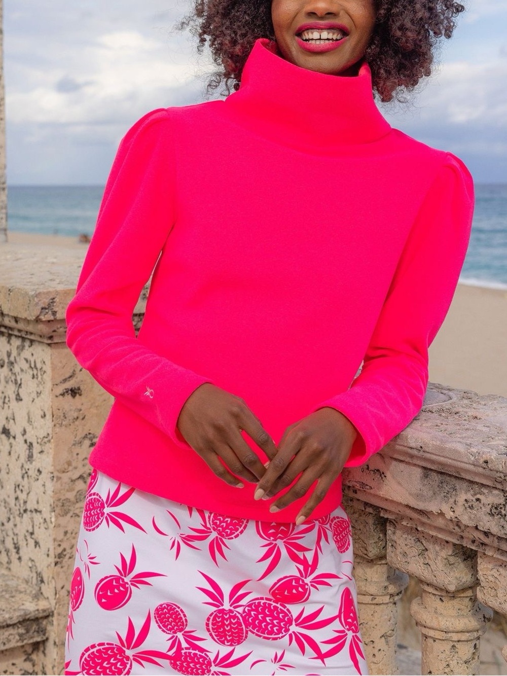 Dudley Stephens Barbie Palmer Puff Sleeve Turtleneck Terry Fleece in Neon Pink